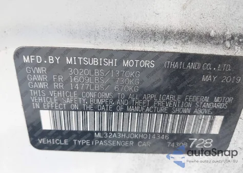 2019 Mitsubishi Mirage Es/Rf from USA, damaged, VIN ML32A3HJ0KH014346